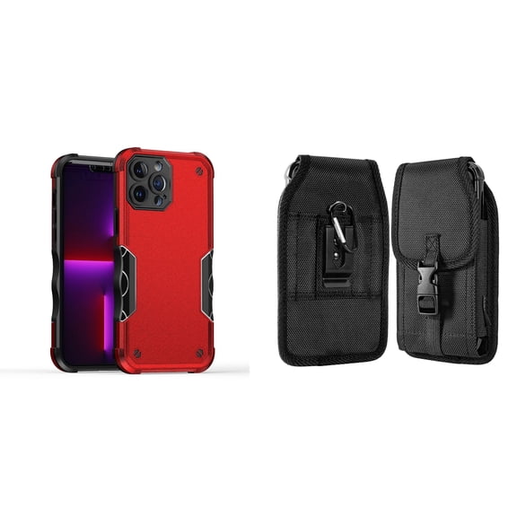 Case with Belt Holster Bundle for iPhone 14 Pro Max: Slim EX Hybrid Series Shockproof Case (Red) and Vertical Nylon Buckle Phone Pouch