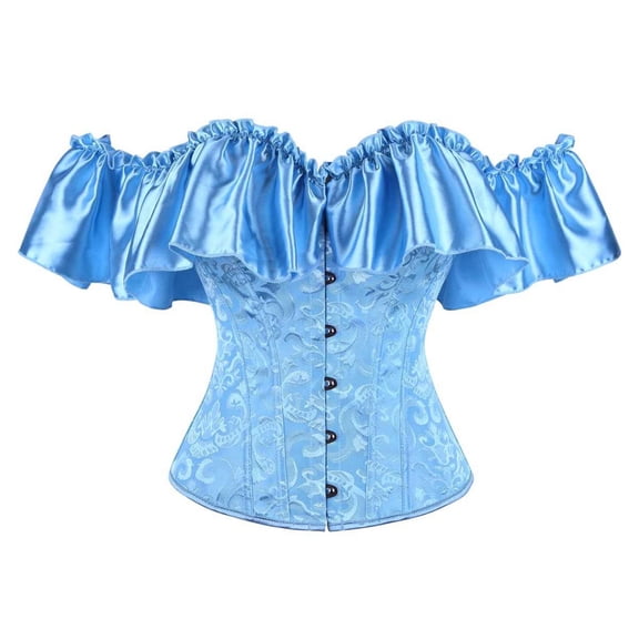 FASHOFT Blue Corset Tops For Women Jacquard Off Shoulder Satin Ruffle Trim Hook Closure Bustier Waist Cinching Bust Support Elegant Body Shaper Top White Corset Dress L