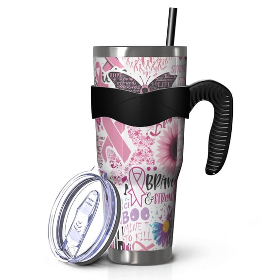 40oz Tumbler,Pink Breast Cancer Insulated Tumblers with Removable Handle,Stainless Steel Double Vacuum Coffee Tumbler Cup with Straw for Home,Office,Travel,Party