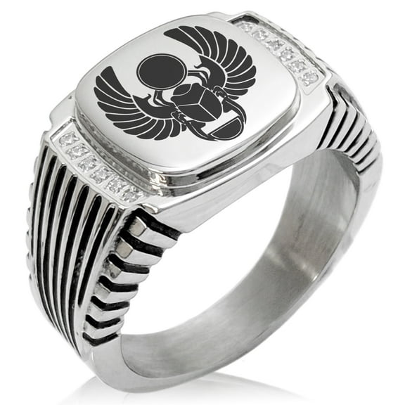 Stainless Steel Scarab Beetle Sacred Sun CZ Ribbed Needle Stripe Pattern Biker Style Polished Ring