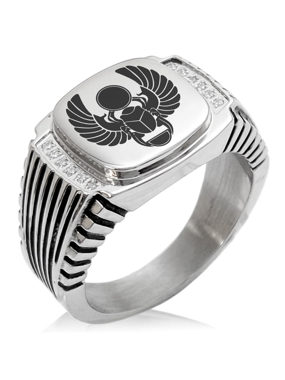 Stainless Steel Scarab Beetle Sacred Sun CZ Ribbed Needle Stripe Pattern Biker Style Polished Ring