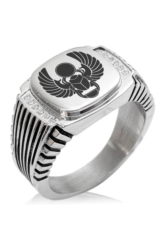 Stainless Steel Scarab Beetle Sacred Sun CZ Ribbed Needle Stripe Pattern Biker Style Polished Ring