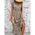 thumbnail image 5 of Mocha Brown Casual Wrap Waist-Cinched Women Maxi Dress With Ruffle Sleeves And Hem, 5 of 7