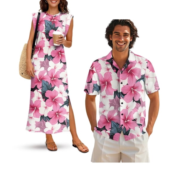KUIFORTI Matching Outfits for Couples Vacation Mens Casual Shirts Hawaii Dress with Soft Fabric Pink Hibiscus Floral Shirts for Men 4-Way Stretch Quick-dry for Summer Vacation Trip