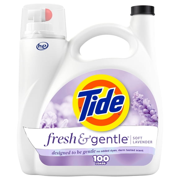 Tide Fresh & Gentle liquid laundry detergent, 100 Loads, Soft Lavender Scent, Gentle laundry soap with nature inspired freshness, Dermatologist tested, 100% free of added dyes and heavy perfumes