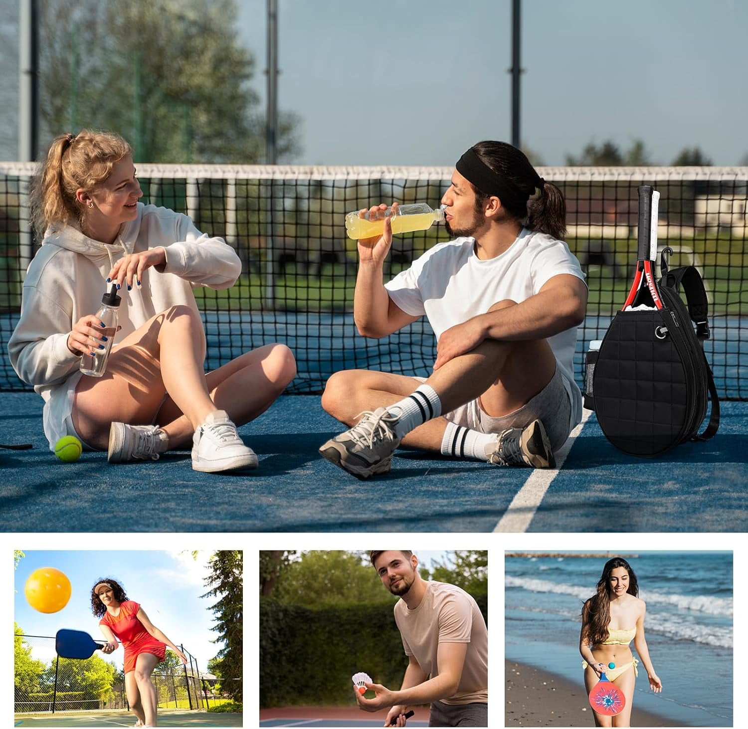 Quilted Tennis Backpack for 2 Rackets, Slim & Lightweight Waterproof Sling Bag for Tennis, Pickleball, Padel, Crossbody Sport Bag for Men & Women