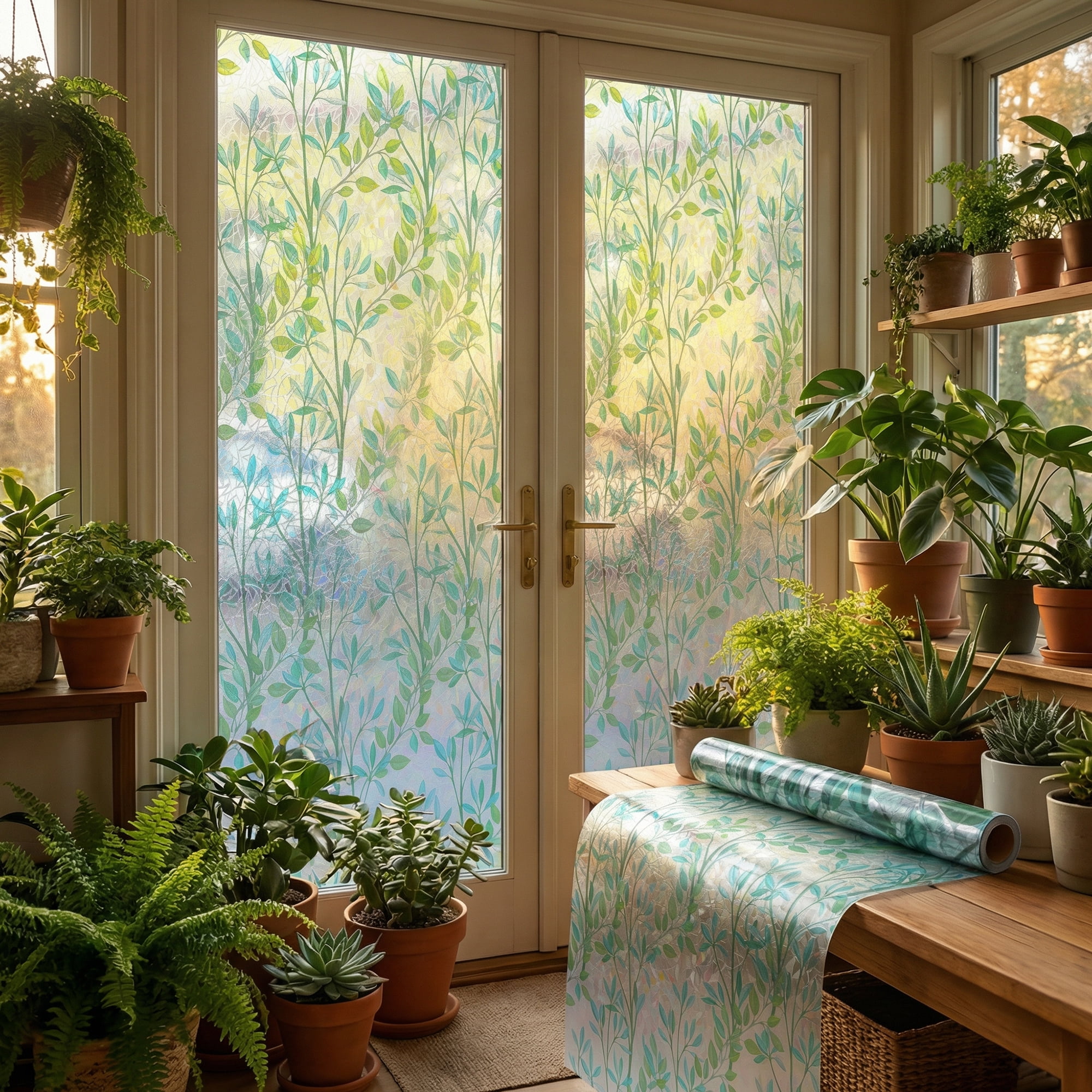 Unique Bargains Static Cling Floral 3D Prism Window Privacy Film Green 39.4" x 23.6"