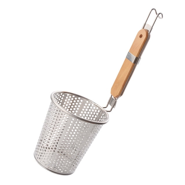 Colador de acero inoxidable con mango de madera, malla fina, para pasta, dumplings y fideos (12,5 cm)
