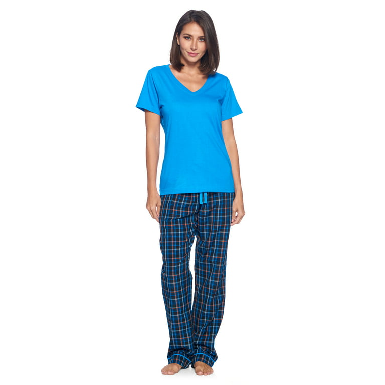Ashford & Brooks Women's Woven Short Sleeve Jersey Top & Pajama Pants Set,  Black/Blue/Plaid, XL