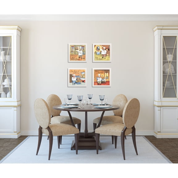 Gango Home Decor Cute Colorful Chef Kitchen Wall Art; Four Multi-Color 12x12in Art Prints in White Frames