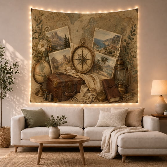 Brass Travel Compass in World Map Still Life, Nostalgic Vintage for Map Collectors, Exploration Wall Art, Housewarming Gift, Tapestry Wall Hanging for Study Room and Den
