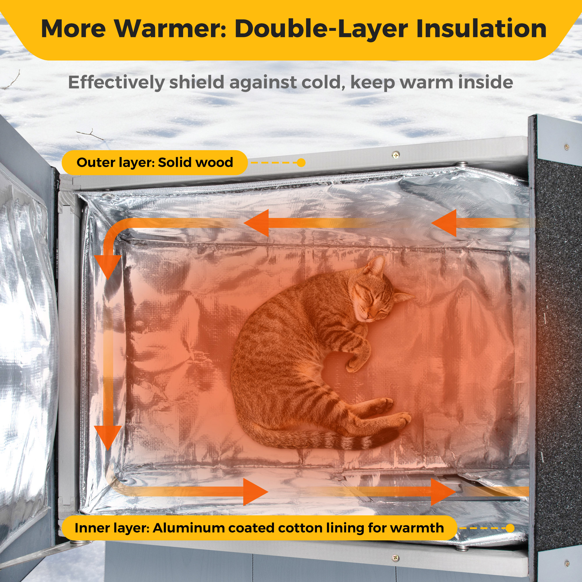 Insulated Wooden Cat House, Indoor Outdoor Cat Enclosure with Large Play Run Waterproof Roof, Fringe Curtain and Doors, Gray