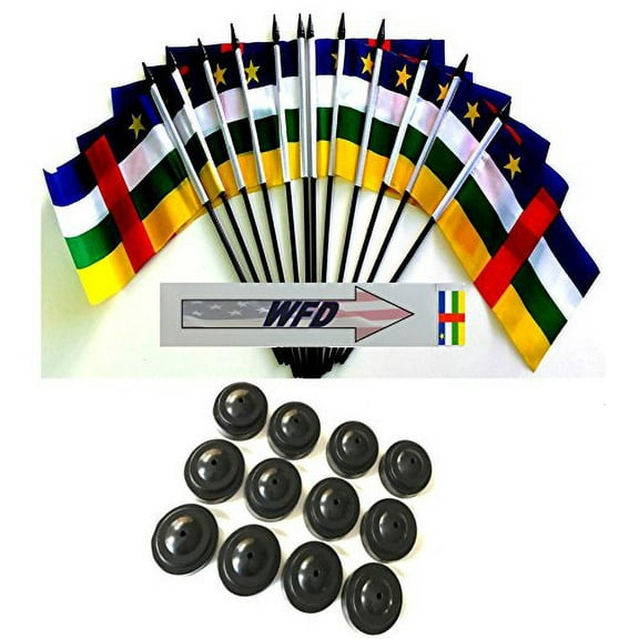 Pack of 12 4"x6" Central African Republic Polyester Miniature Office Desk & Little Table Flags, 1 Dozen 4"x 6" African Small Mini Handheld Waving Stick Flags with 12 Flag Bases (Flags with Stands)