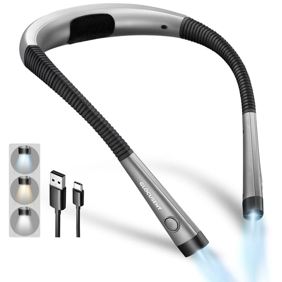 Glocusent LED Neck Book Light for Reading in Bed, Rechargeable Around Neck Reading Light with 3 Amber Colors & 6 Brightness Dimmable, Bendable Arms, Long Lasting Battery Operated, Perfect for Reading