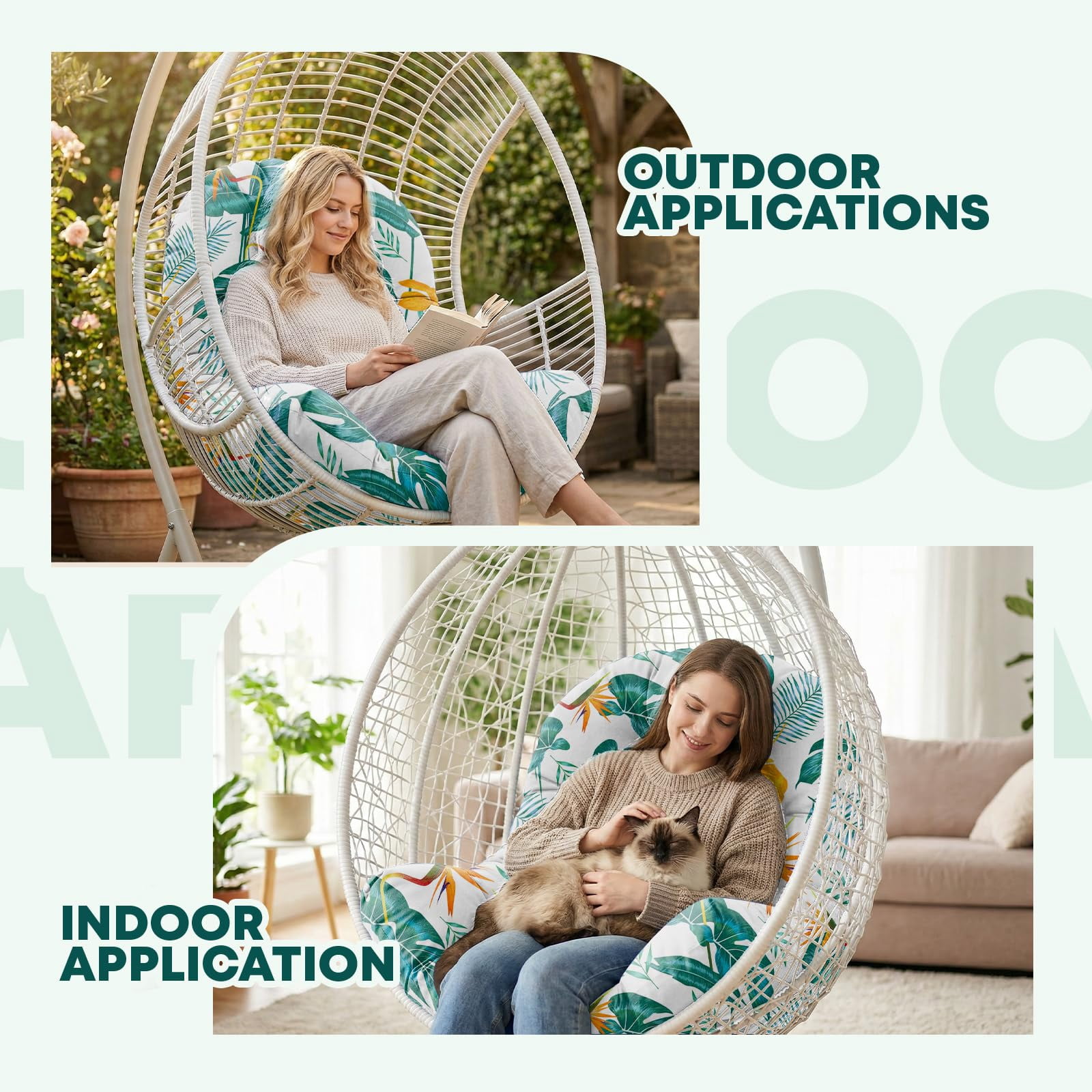 Waterproof Egg Chair Cushion Replacement Outdoor Hanging Egg Chair Cushion 47x35x7 Inches Thicken Couch Cushions with Ties, Blue Enchantress