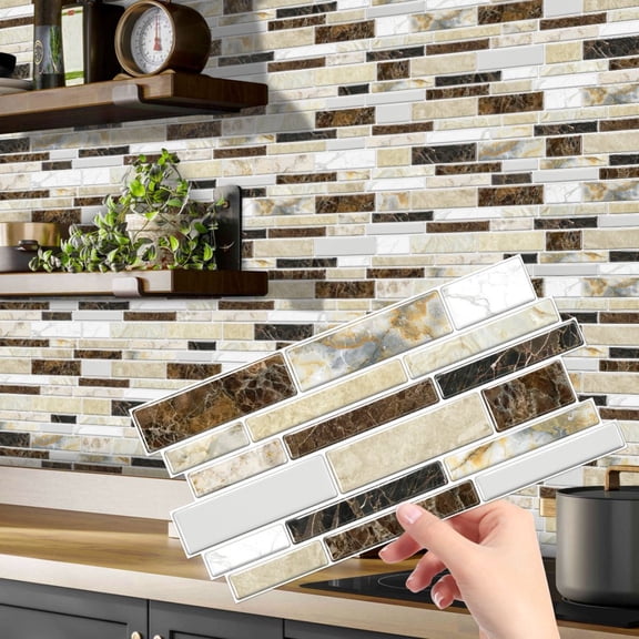12 Pcs Peel and Stick Waterproof Tiles Stickers 4.72 x 9.68inch Beige Brown Gray Marbling Wall Decals Self Adhesive Backsplash Kitchen DIY Decor