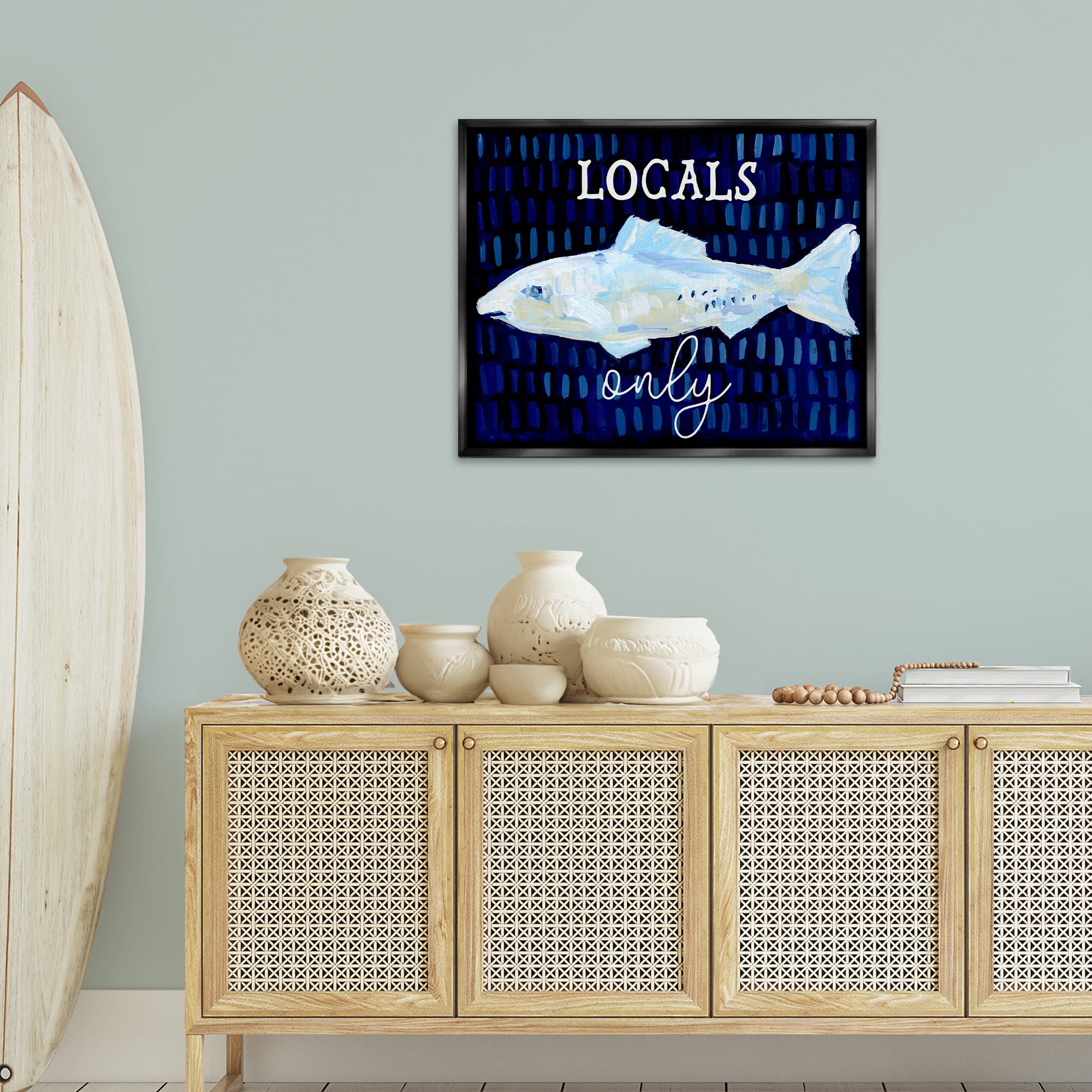 Stupell Industries Locals Only with Fish Animals & Insects Painting Black Floater Framed Canvas Art Print Wall Art, 31 x 25