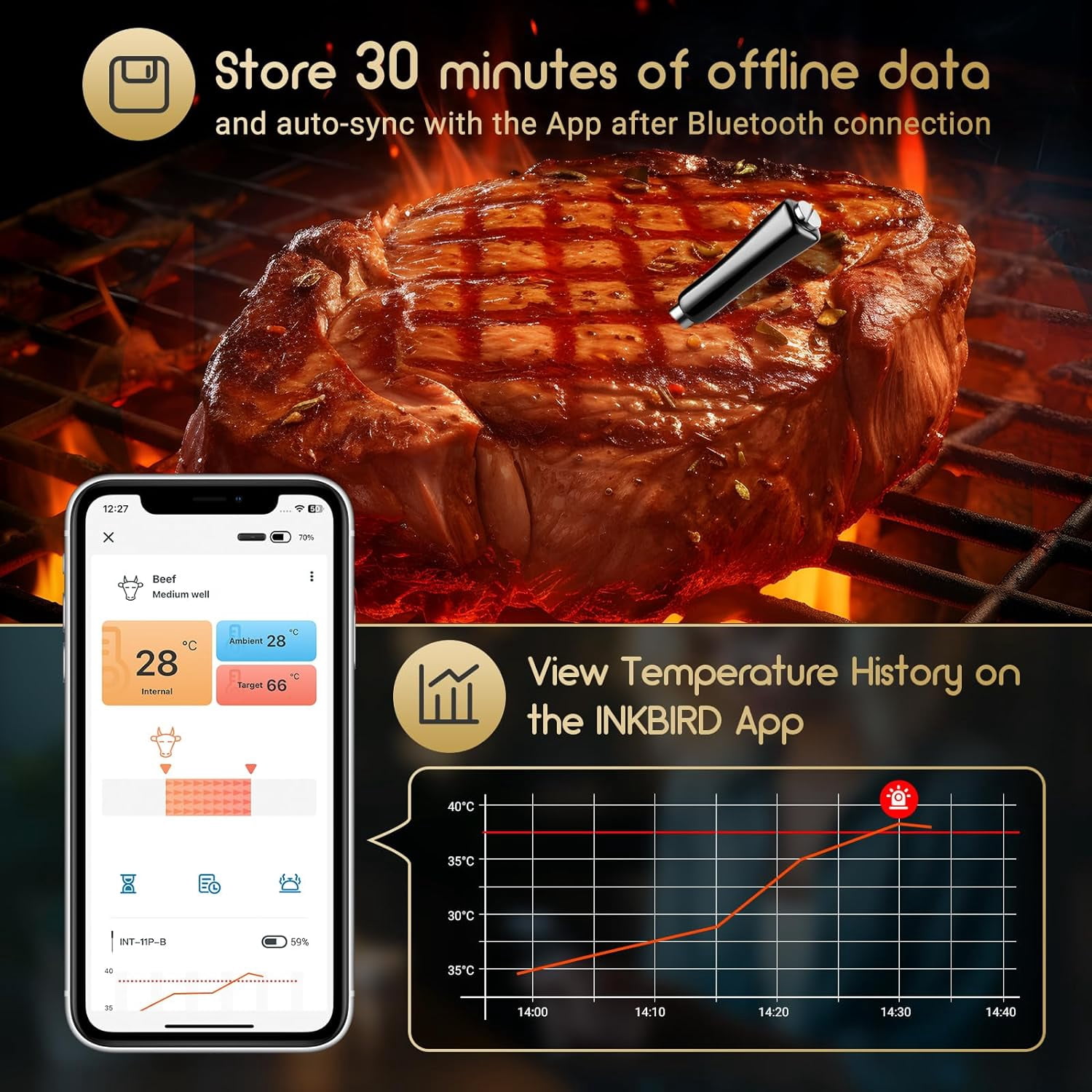 Inkbird Father's day Wireless Meat Thermometer Bluetooth BBQ Thermometer with 91m/300ft App Control and Smart Alarms，Dishwasher Safe,Black