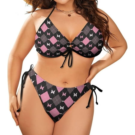 Women Argyle Butterfly Plus Size String Triangle Bikini Set Adjustable Halter Side Tie Swimsuit
