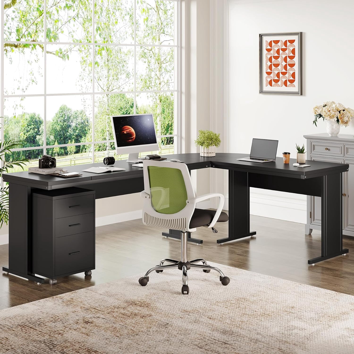 Tribesigns 83 Inch L-Shaped Office Desk, Large Executive Computer Desk with 3-Drawer File Cabinet, Industrial Corner Desk with Storage Drawers, Business Furniture Work Desk for Home Office (Black)
