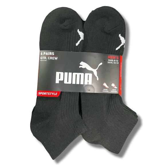 PUMA SOCKS MEN'S - QUARTER CUT - RIBBED 253 - BLACK - LARGE (10-13) PACK 6 XX