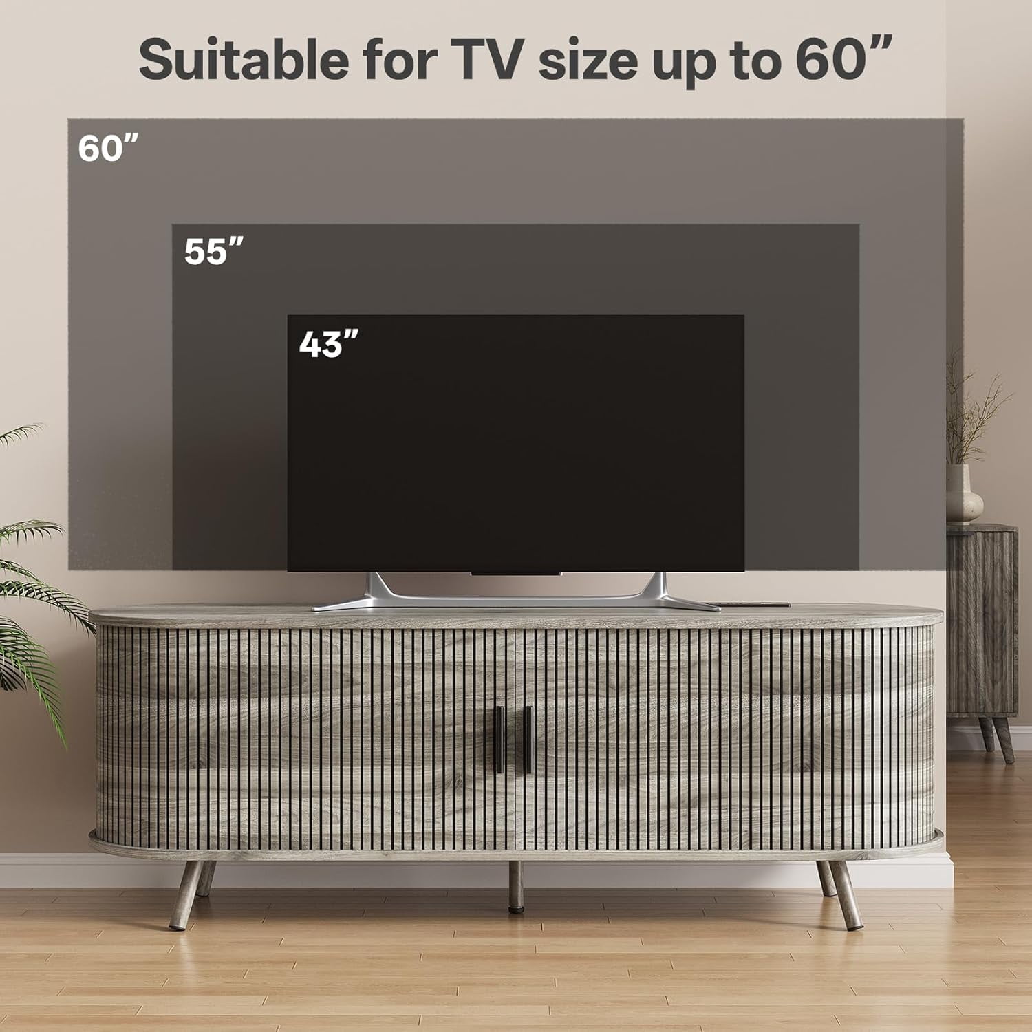 55" TV Stand with Power Outlet, Modern Media Console with Sliding Doors, Entertainment Center for TVs up to 60 Inch, Adjustable Shelves, Grey
