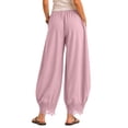 thumbnail image 3 of ShomPort Women's Cropped Pants Casual Lace-Hem Comfy Lightweight Drawstring Wide Leg Pants with Pockets, 3 of 7