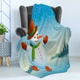 thumbnail image 4 of Snowman Soft Flannel Fleece Throw Blanket, Cartoon Happy Character Skating on Icy River Forest Trees Snowy Country, Cozy Plush for Indoor and Outdoor Use, 60" x 80", Blue Orange Green, by Ambesonne, 4 of 5