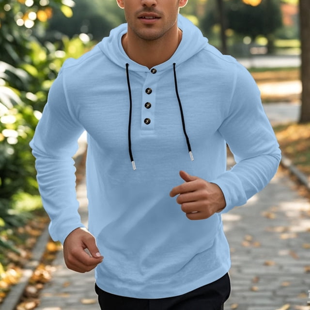 Handshe Men's Stylish Leisure Solid - Color Button Drawstring Hooded Long - Sleeve Loose Coat