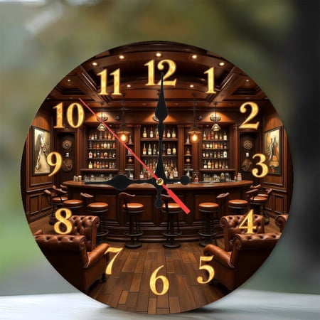Luxury Bar Clock Wall Decor Home Pub 10-Inch Silent Wooden Wall Clock, Battery Operated (AA Batteries Not Included), Artistic Home Decor