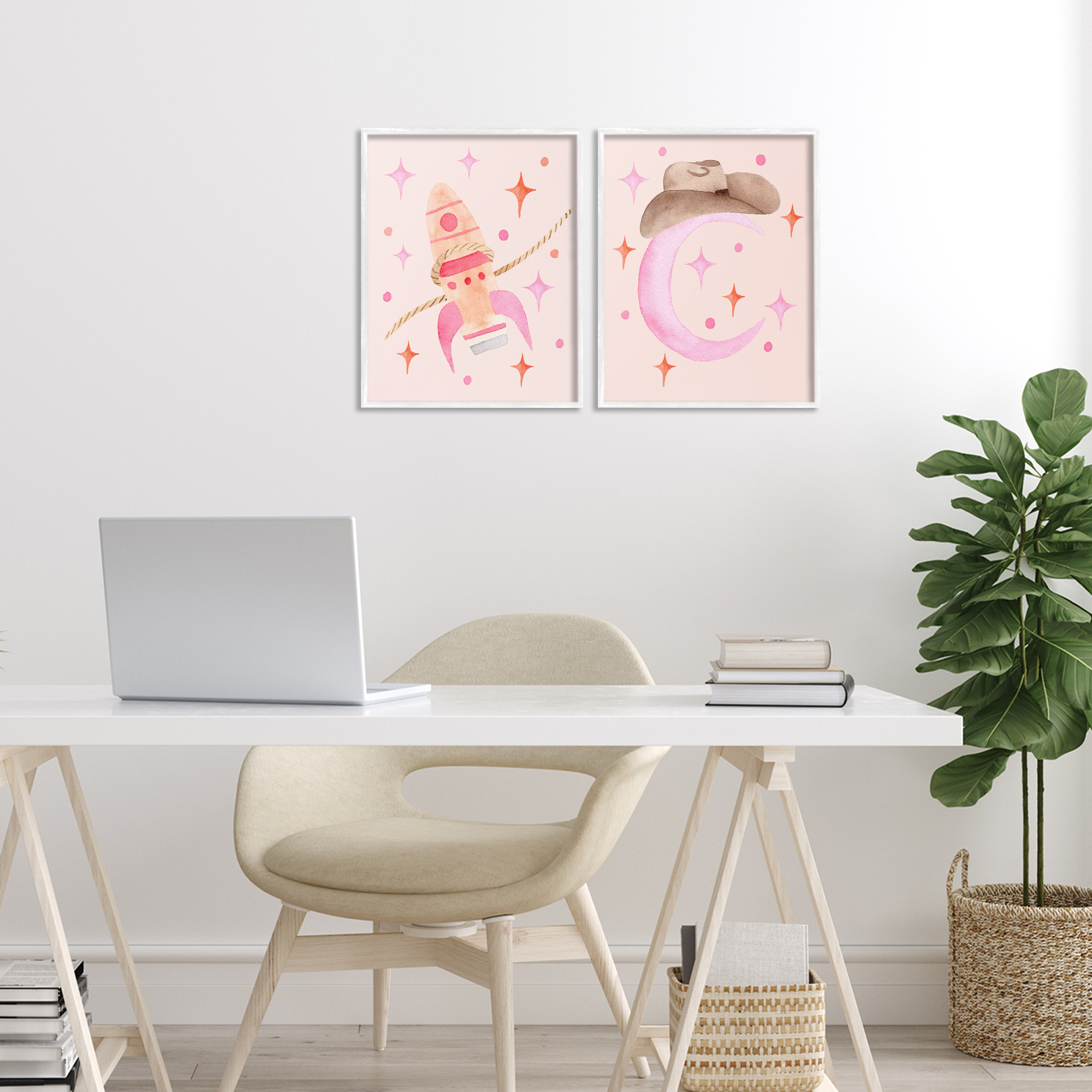 Space Cowgirl Rocket Ship 2 Piece White Framed Giclee Art Set, design by Nina Jacobs