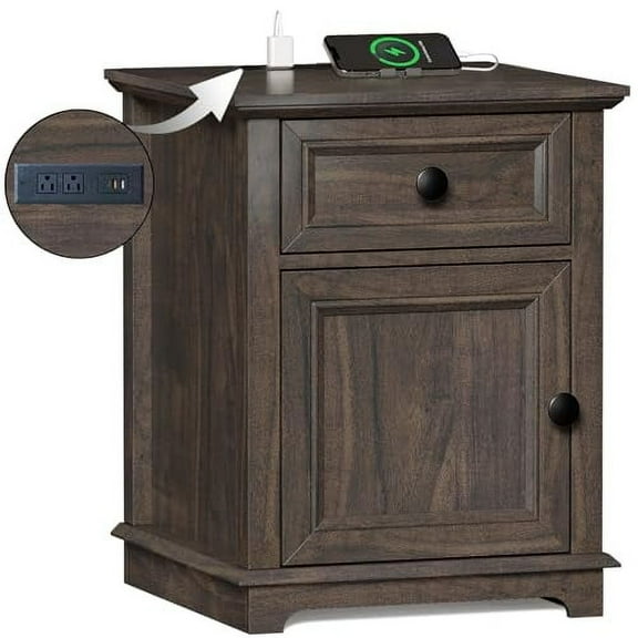 24" End Table with Fast Charging Station, Side Table with Drawer, Adjustable Shelf & Large Storage Cabinet, Vintage Wooden Nightstand for Living Room/Bedroom, Rustic Brown