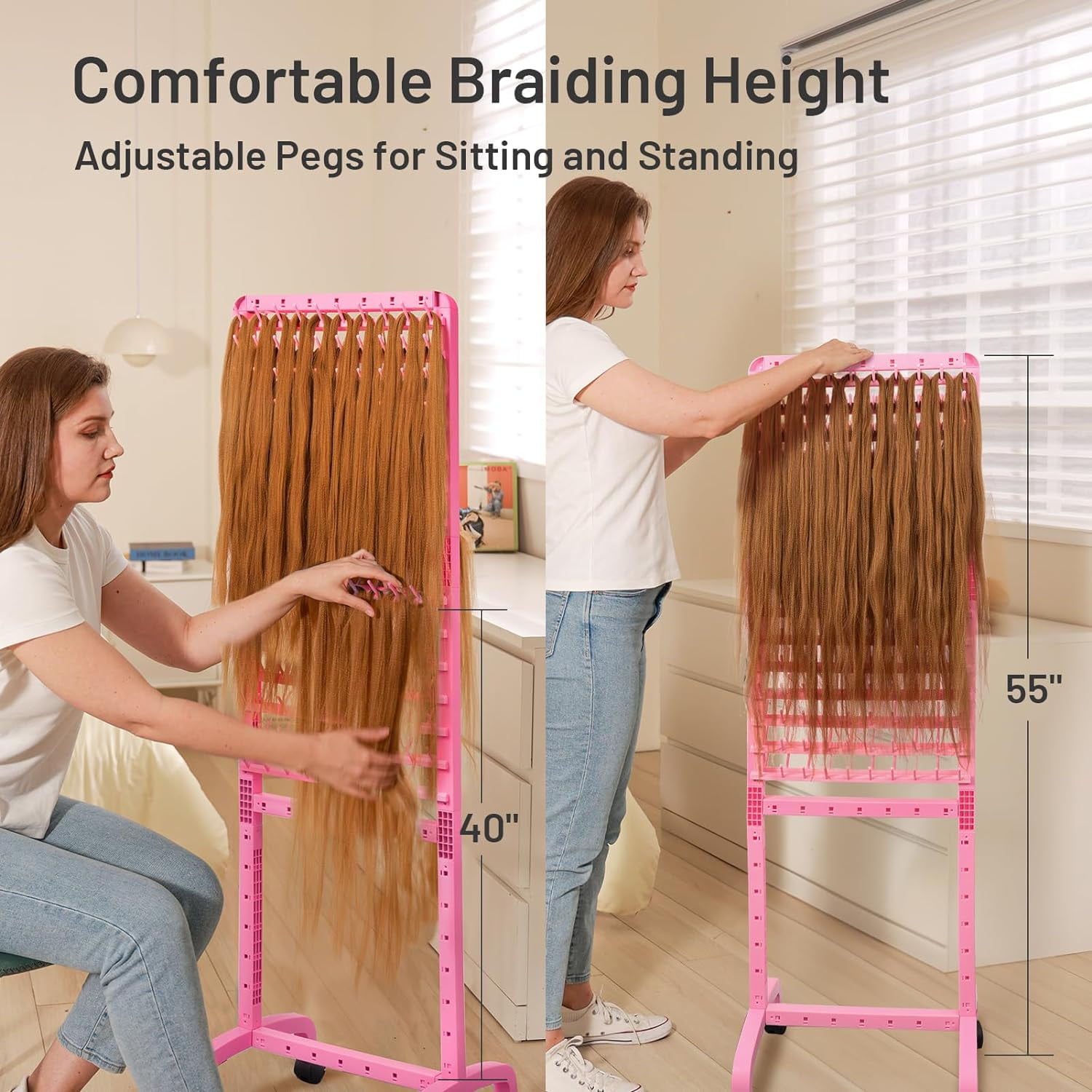 Adjustable Braiding Hair Rack 280 Pegs, Two Sided Braid Rack for Hair  Braiding, Height Adjustable Hair Holder with Wheels, Pink Standing Hair  Separator Stand Braiders Rack for Stylists 