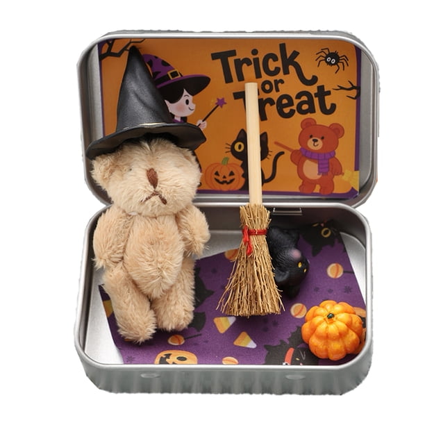 Bewildely Osito en caja con sombrero, regalo sorpresa de Halloween para la familia, mini osito de Witcher en caja. Animales de peluche y juguetes de peluche caqui