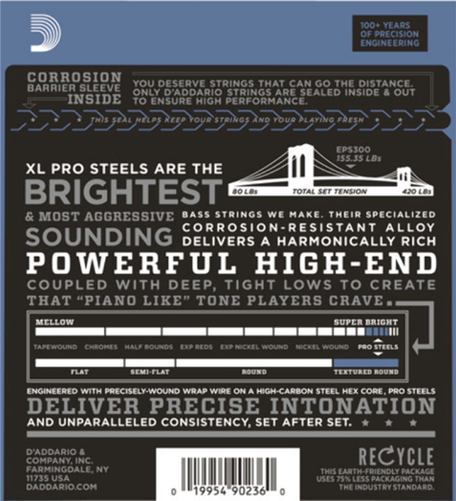 D'Addario EPS300 ProSteels Bass Guitar Strings Custom Light, 43-107, Long Scale