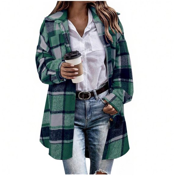Perfectbot Women's Long Plaid Flannel Shacket Wool Blend Long Sleeve Casual Fall Jacket