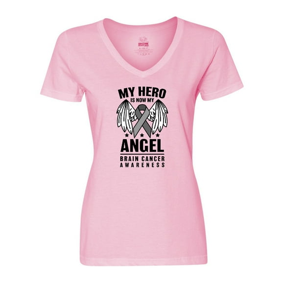 Inktastic My Hero is Now My Angel Brain Cancer Awareness Women's V-Neck T-Shirt