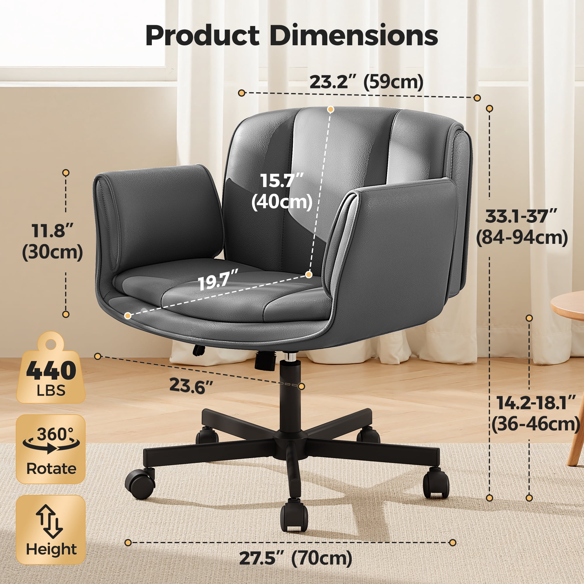 COOLHUT Criss Cross Office Chair, PU Leather Vanity Chair with Armrests and Wheels, Comfy Adjustable Swivel Ergonomic Criss Cross Chair for Home Office Bedroom Makeup, Dark Gray