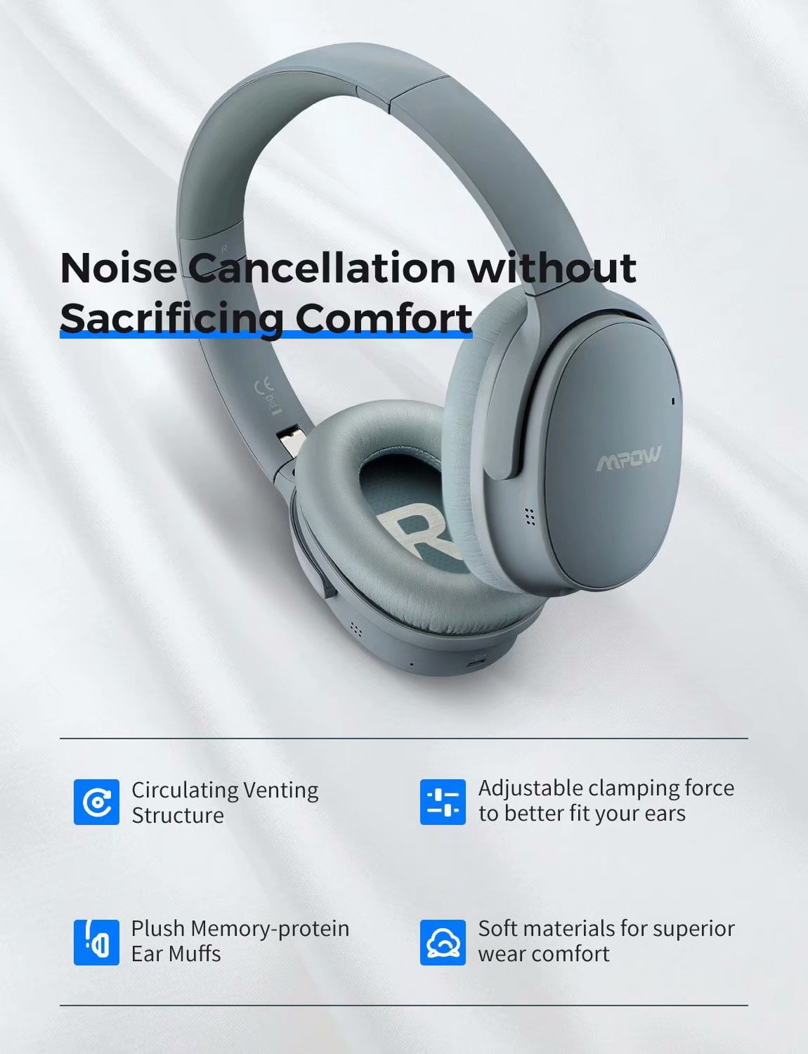 Mpow H10 [Upgraded] Active Noise Cancelling Bluetooth Headphones, Hi-Fi  Stereo ANC Over-Ear Wireless Bluetooth Headphones, Soft Protein Ear Pads \u0026  18-25 Hour Playtime, Foldable Headphones w/Mic Gray | Walmart Canada