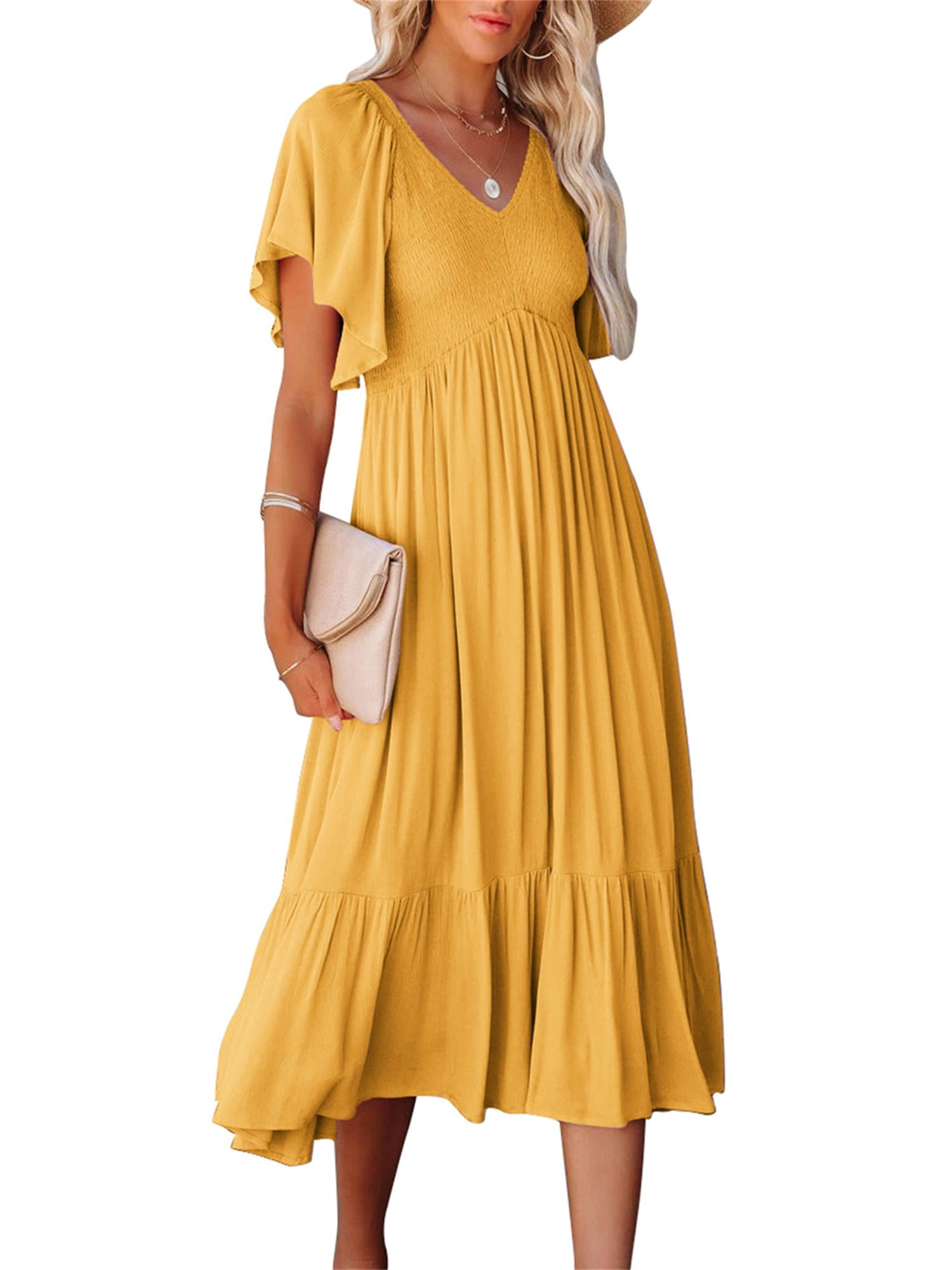 Plnotme Womens Summer Flowy Chiffon Dresses V Neck Solid Color Smocked Midi Dress Ruffle Sleeve