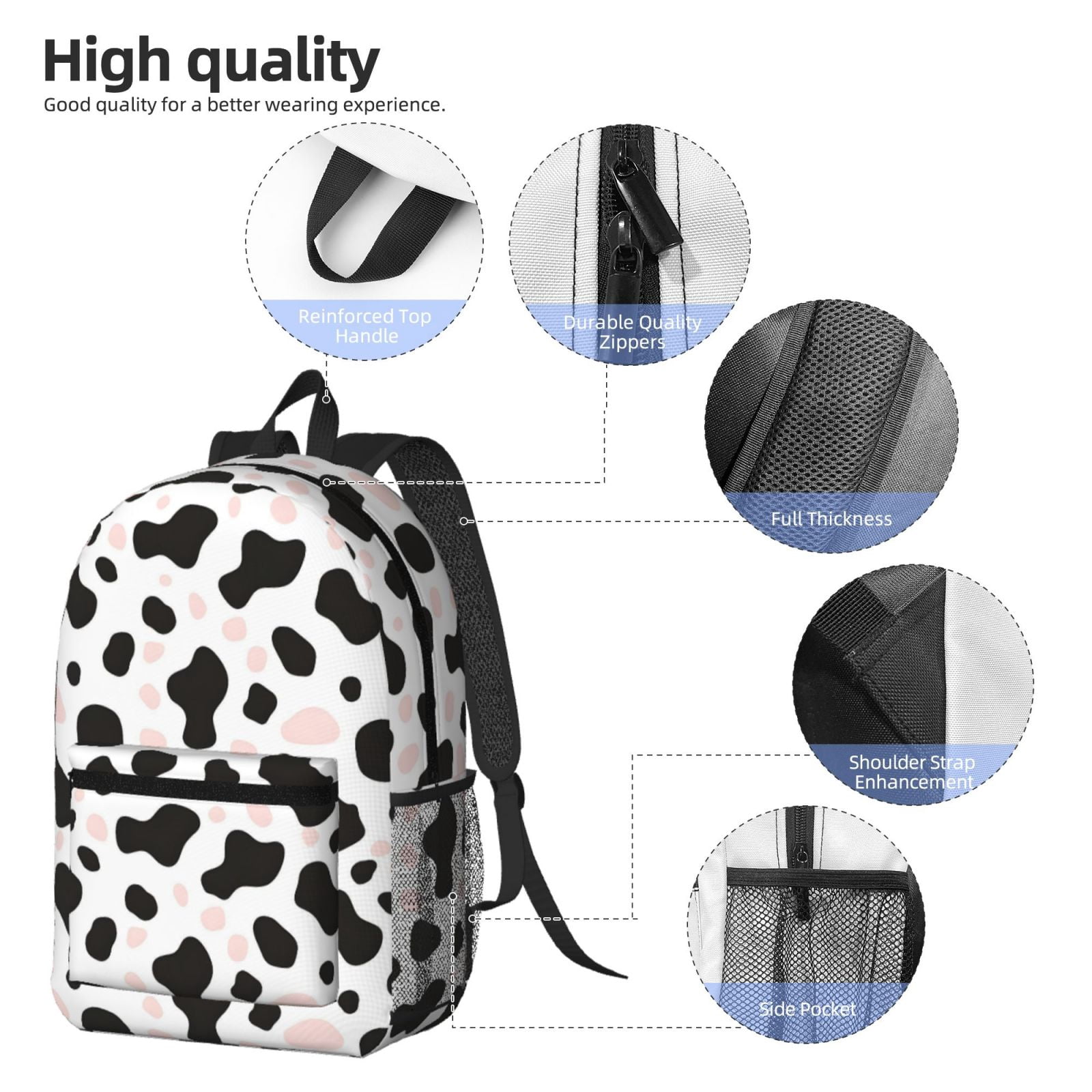 17in Backpack With Pocket Adjustable Shoulder Strap Large Capacity Zipper Opening And Closing Double Pull Head Zipper For Work Travel Sports Simple Cow-Print Pattern1_3