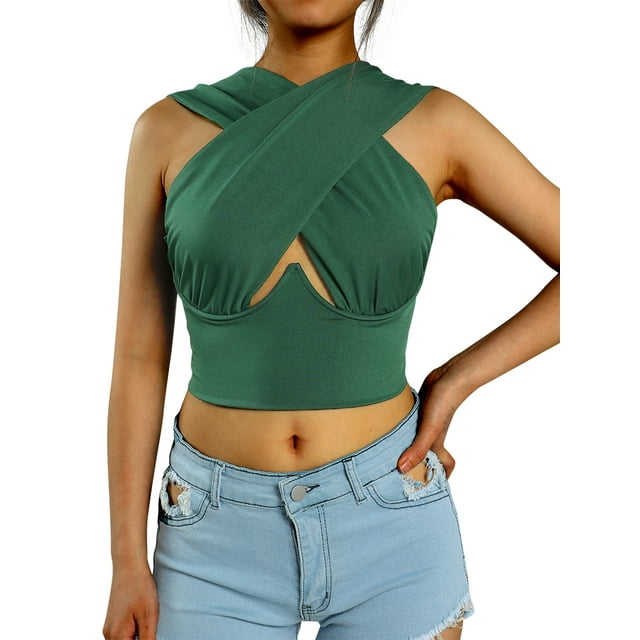 xiaxaixu Women's Criss Cross Tank Tops, Sleeveless Solid Color Cutout Crop Tops