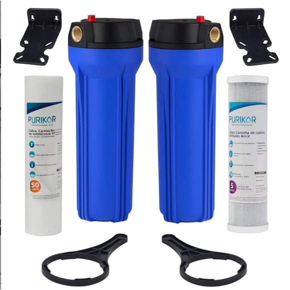 Filtro de Agua 2 Portafiltros Azul 2.5 x 10 Cartucho Sedimentos Lavable + Carbon Activado Entrada y Salida 3/4, Agua Purificada Para Toda la Casa, Tinaco o Cisterna