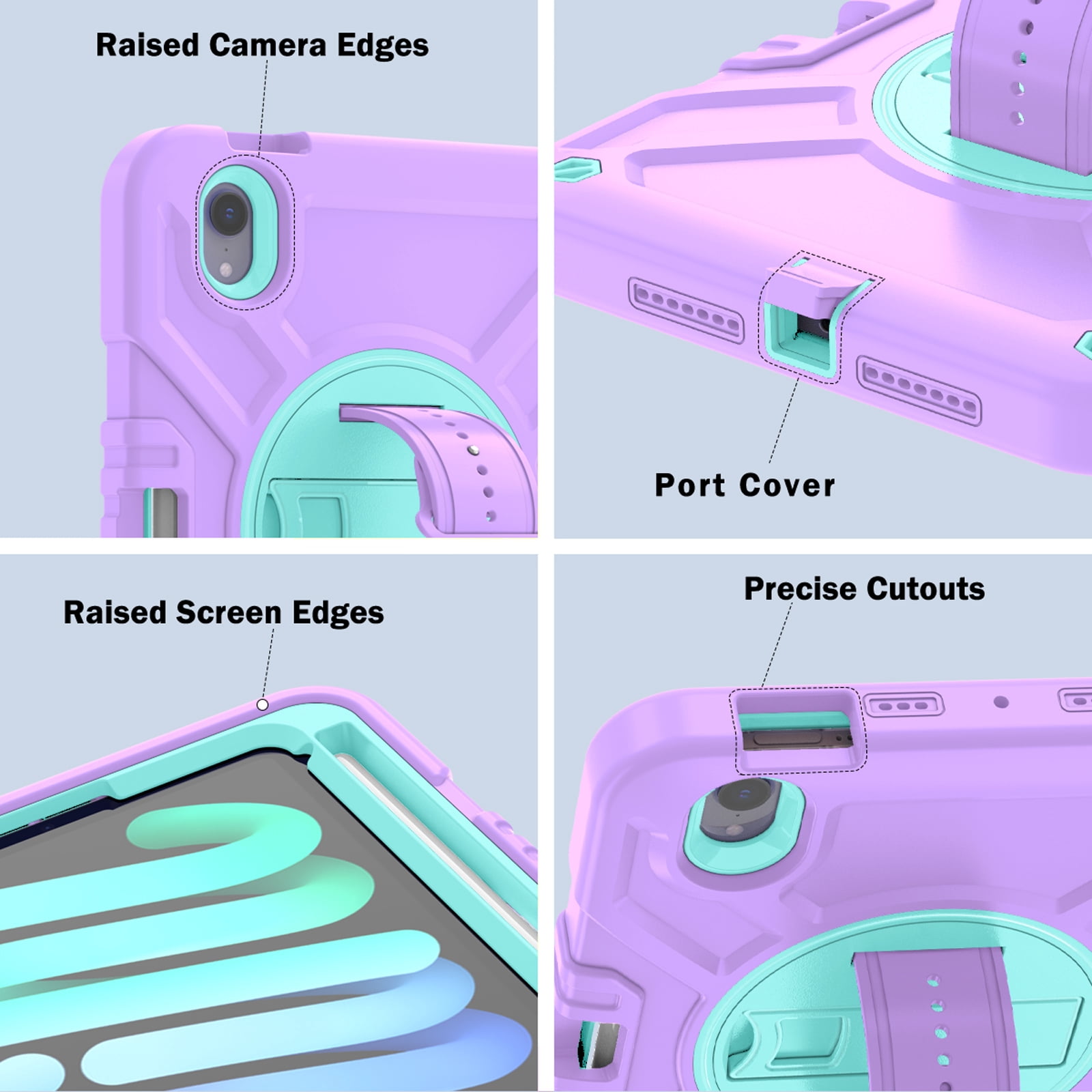 Dteck Case for iPad mini 7 (A17 Pro) 8.3 inch 2024/ iPad mini 6th Generation,Heavy Duty Rugged Drop Proof Shockproof Armor Case with Stand Pencil Holder Hand Strap Shoulder Strap,Purple+Green