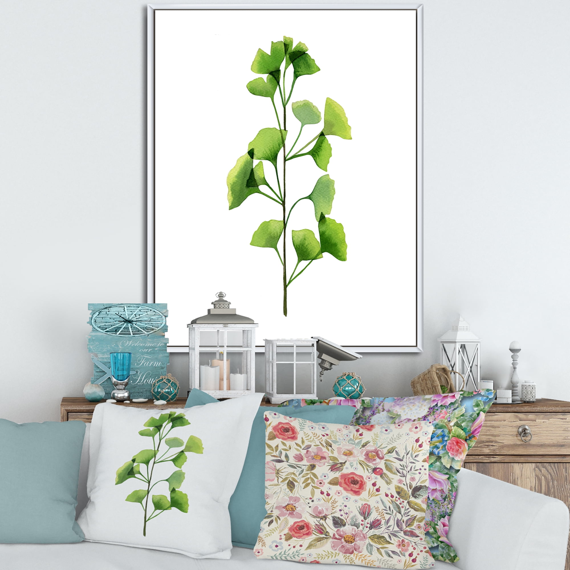 Designart 'Green Field Plant Foliage Branch' Farmhouse Framed Canvas Wall Art Print