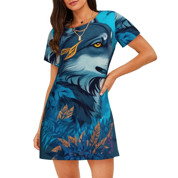 Easygdp Blue Iceberg Leaf Wolf Camisón de manga corta para mujer, informal, estampado