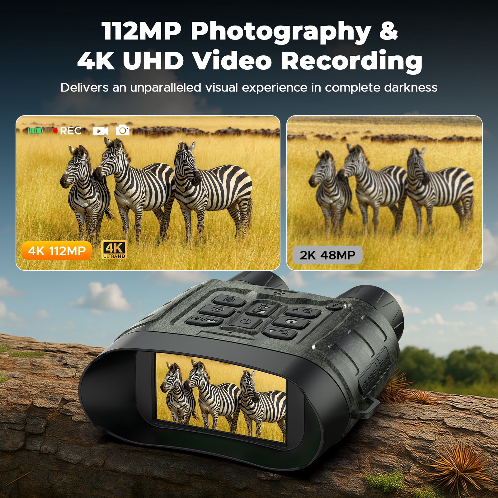 Night Vision Goggles for Adults, 112 MP 4K Night Vision Binoculars 12X Zoom & 5000mAh Battery, 64GB Card Included, Infrared Vision, 1300ft Range, Perfect for Hunting, Camping & Security