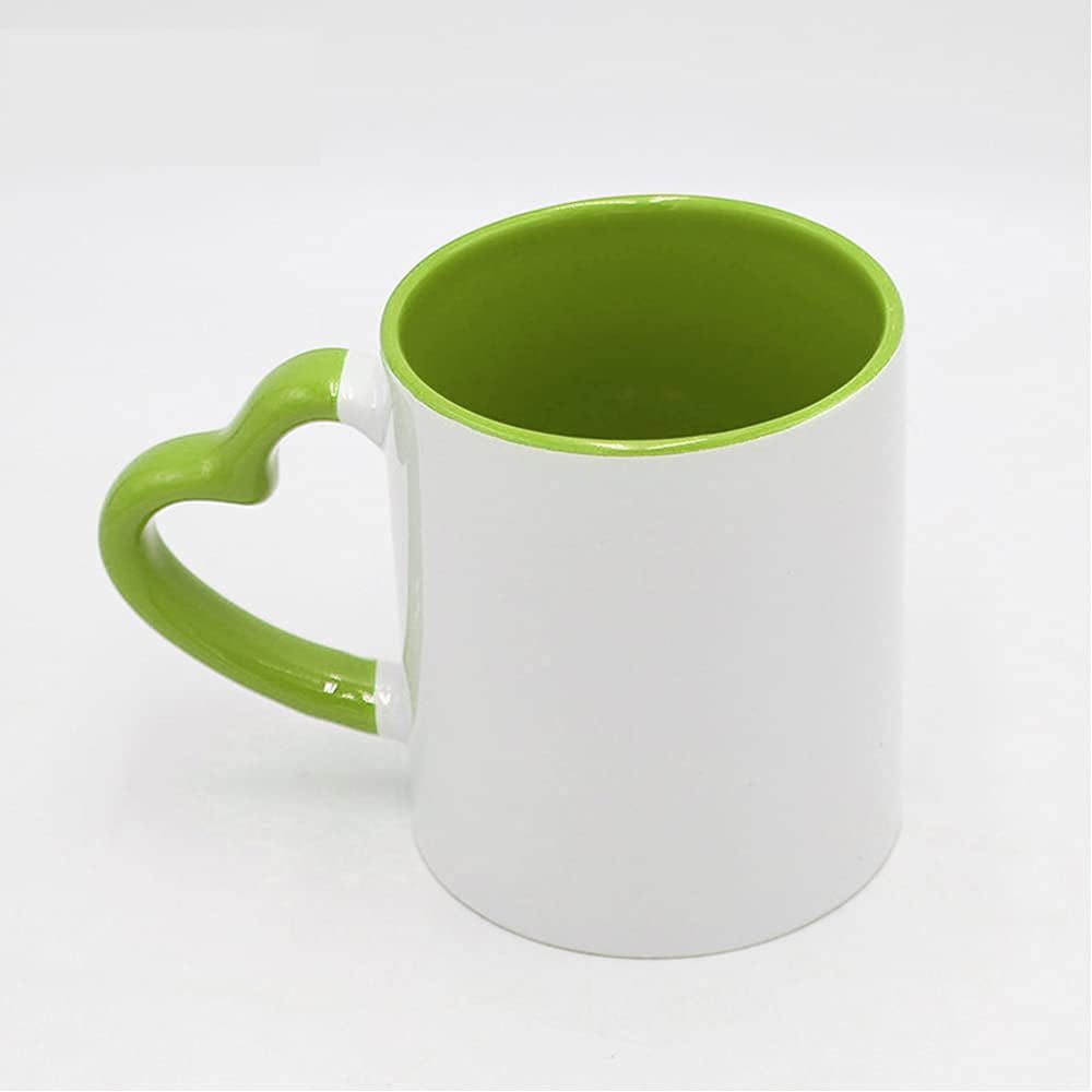 MR.R 11oz Set of 6 Sublimation Blank Coffee Mugs,Cup Blank White Mug Cup with Green Inner Color Mug and Heart Handle