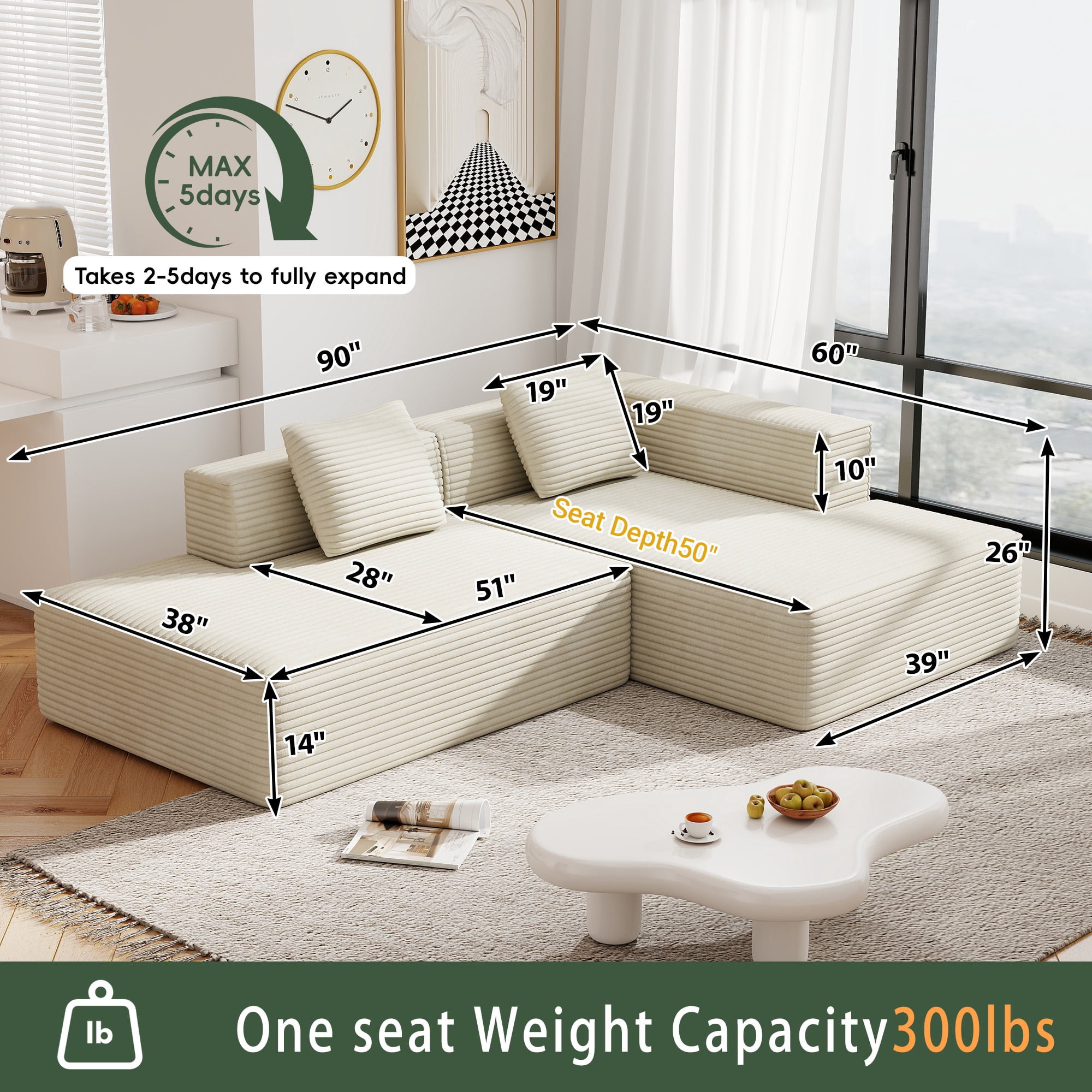Meeyar 91" Boneless Modular Sectional Sofa with L Shaped Chaise, Cloud Couch for Living Room, Beige