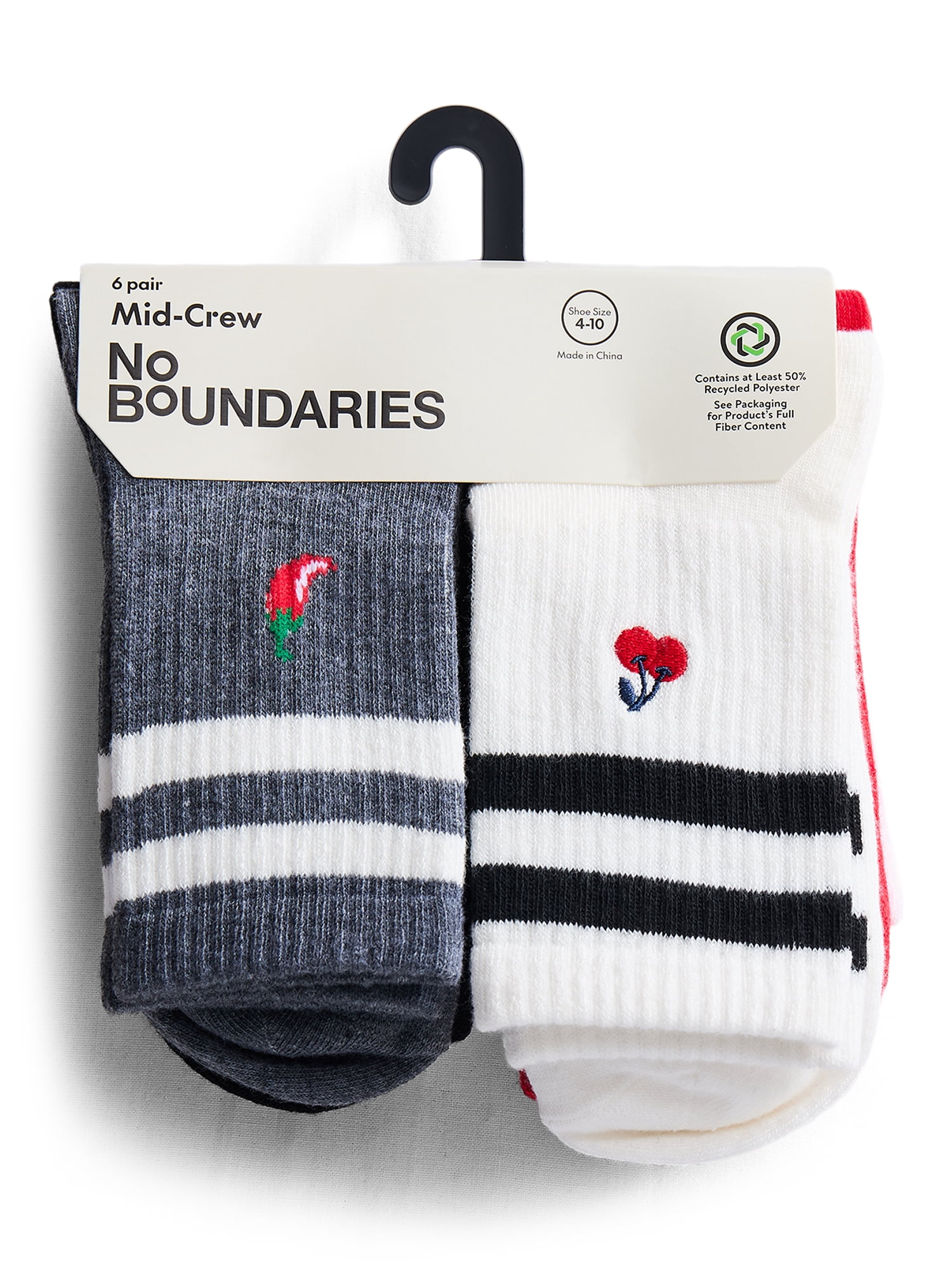 No Boundaries Embroidered Mid Crew Socks, 6-Pack, Women's, Shoe Sizes 4-10